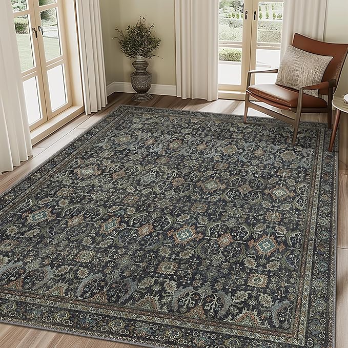 10X12 Area Rugs Machine Washable Rugs for Living Room, Vintage Boho Large Rugs for Bedroom Dining Room, Non Slip Indoor Soft Distressed Lightweight Thin Low Pile Carpet, Black
