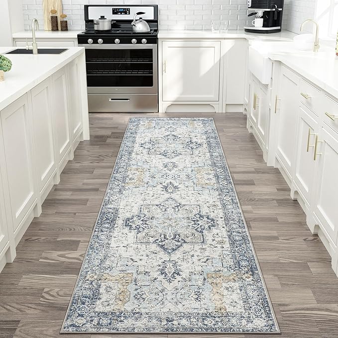 GENIMO Runner Rug 2x12, Non Slip Vintage Hallway Runner Rugs, Low Pile Lightweight Machine Washable Mat for Hallway, Entryway, Bedroom, Kitchen and Corridor, Blue