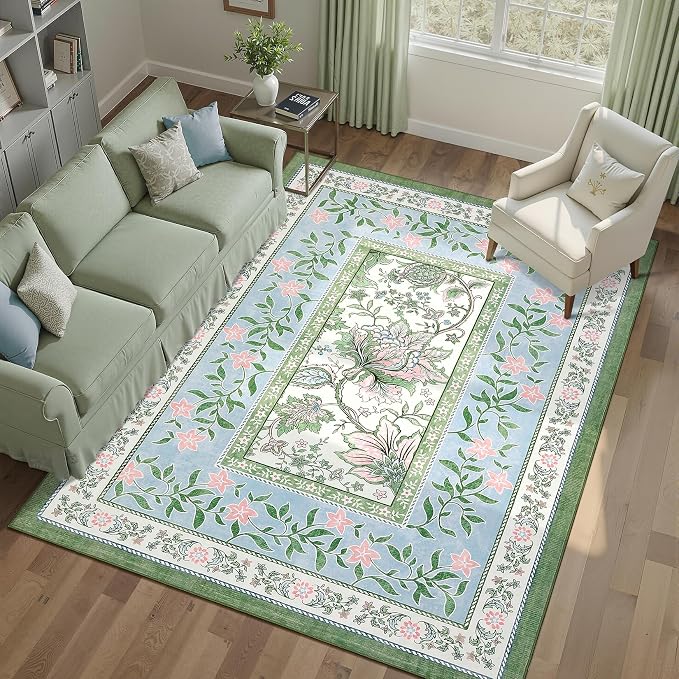 GarveeHome Blue Green Pink Area Rugs 9x12 Living Room, Botanical Grove Cottage by GarveeHome
