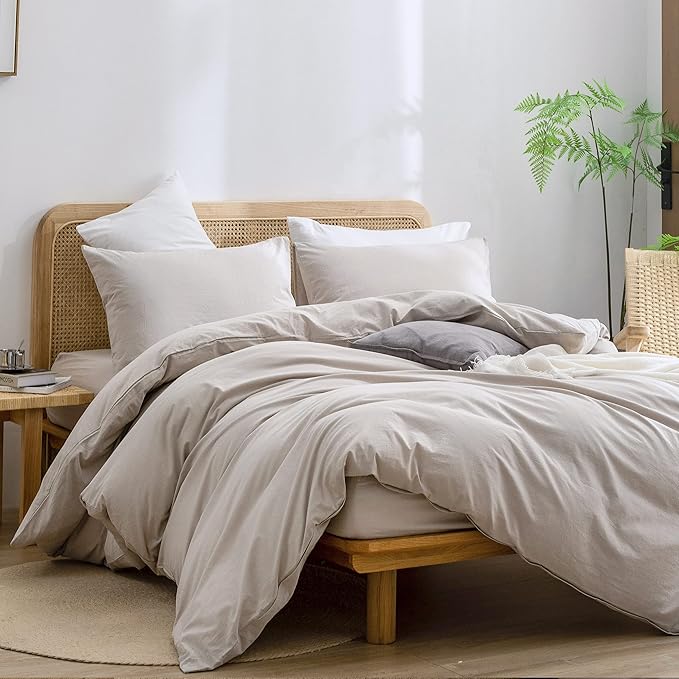 BESTOUCH Duvet Cover Set 100% Washed Cotton Linen Feel Super Soft Comfortable Chic Lightweight 3 PCs Home Bedding Set Solid Linen Grey Super Queen