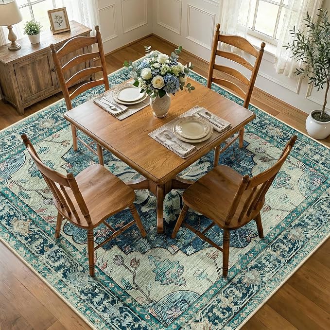 RELEANY Area Rugs Square 8ft Washable Non-Slip, Floral Vintage Distress Print - Image 2