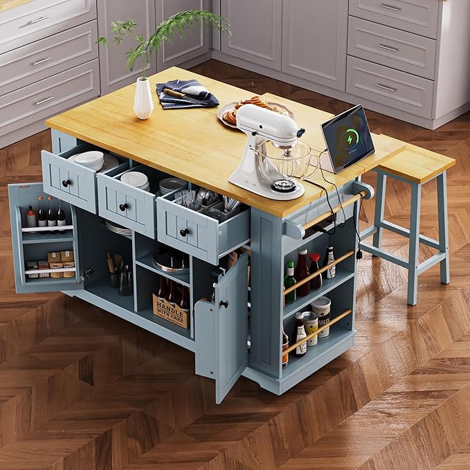 53" Large Kitchen Island Set with 2 Bar Stools, Power Outlet & Storage, Drop Leaf, 3 Drawers & 5 Open Racks, Grey Blue