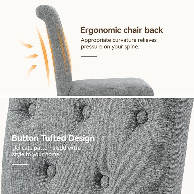 Upholstered Dining Chairs Set of 2, Button Tufted Parsons Dining Chair with Solid Wood Legs, Modern Fabric Side Chair for Dining Room/Kitchen/Restaurant/Hotel- Grey