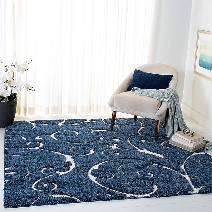 SAFAVIEH Florida Shag Collection Area Rug - 6'7" Square, Dark Blue & Cream, Scroll Design, Non-Shedding & Easy Care, 1.2-inch Thick Ideal for High Traffic Areas in Living Room, Bedroom (SG455-6511)