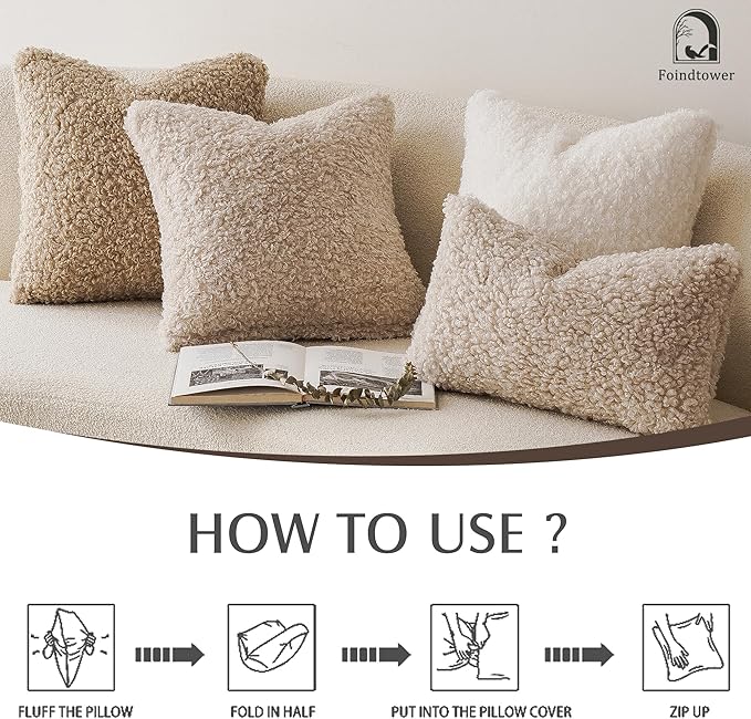 Foindtower 2 Pieces Faux Fur Throw Pillow Cover Decorative Sherpa Pillow Fuzzy Accent Pillowcases Soft Sheepskin Fleece Cushion Case for Bed Couch Living Room 18x18 Inch Oatmeal