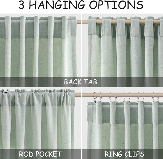Nanspring Aqua Green Linen Curtains 84 Inch Length 2 Panels Set - Image 2