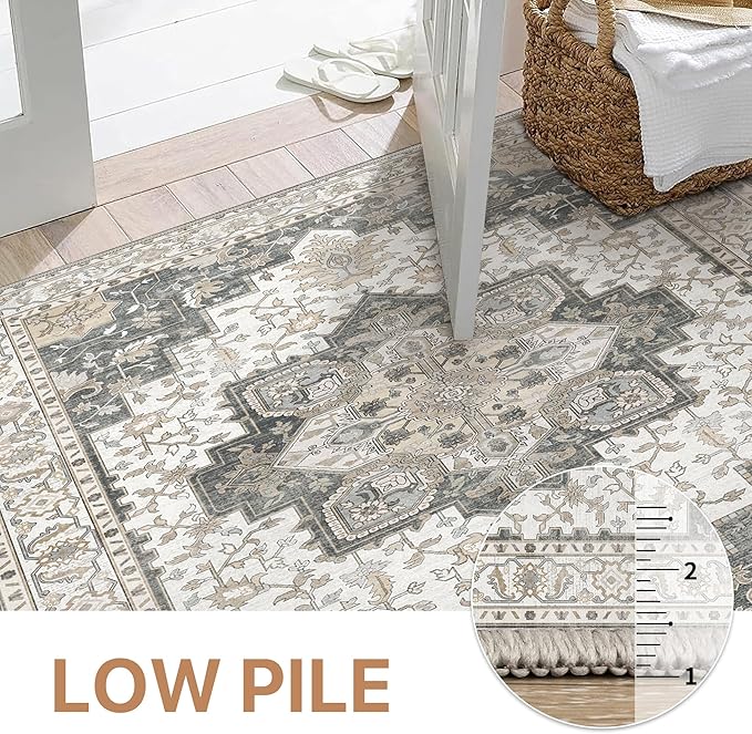 GENIMO 2'6''x10 Runner Rugs for Hallway, Machine Washable Non Slip Vintage Rugs, Low Pile Lightweight Soft Print Rug for enrtyway, Corridor, Home Office, Kitchen, Heathered Grey