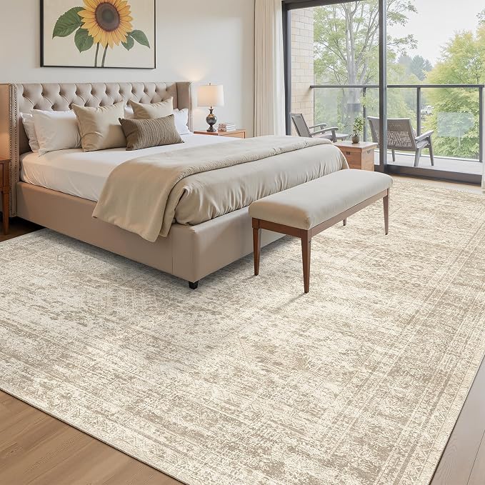 12x15 Washable Area Rug Beige Neutral Abstract Living Room Large Carpet Non - Image 9