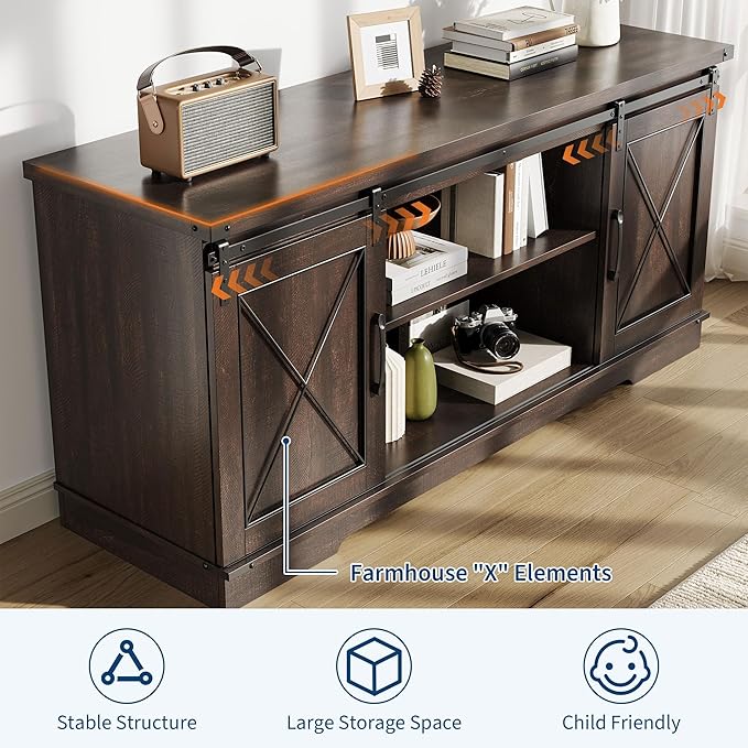 GAOMON Farmhouse 59" TV Stand Up to 65 Inches, Mid Century Modern TV Entertainment Center with Storage Cabinets & Open Shelves, Wood TV Cabinet for Living Room, Brown
