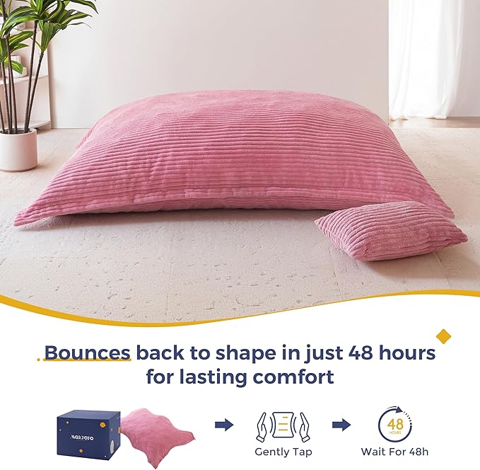 MAXYOYO Giant Bean Bag Chair with Pillow, 3 in 1 Convertible Bean Bag Chair for Adults with Washable Cover, Removable Floor Cushion Stuffed Floor Lounger for Living Room Bedroom, Pink, Queen