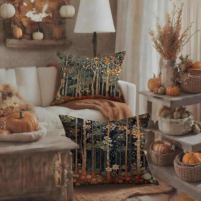 Rustic William Morris Inspired Autumn Forest Decor Throw Pillow Covers 18x18 - Image 3