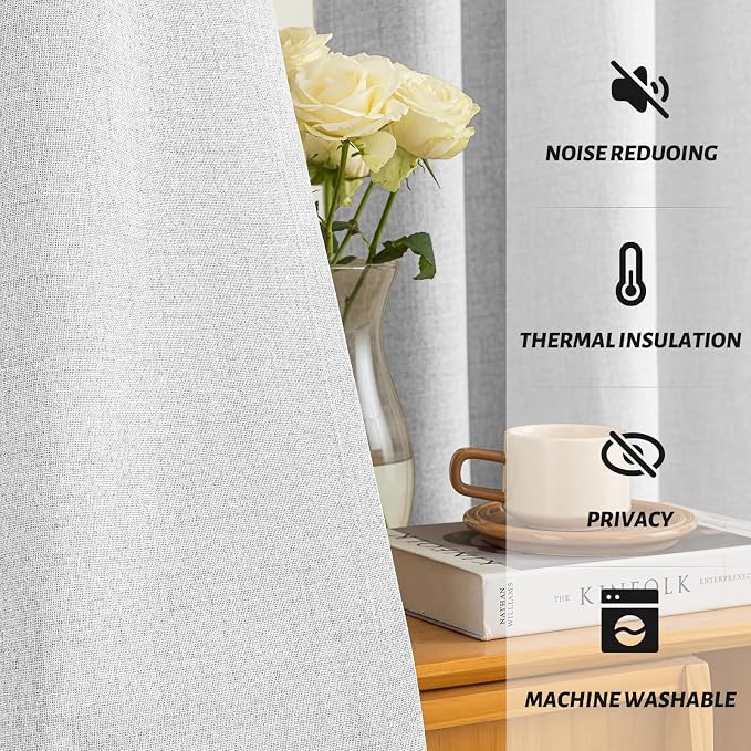 Yakamok White Linen Curtains 100% Blackout 90 Inches Long, Room Darkening - Image 5