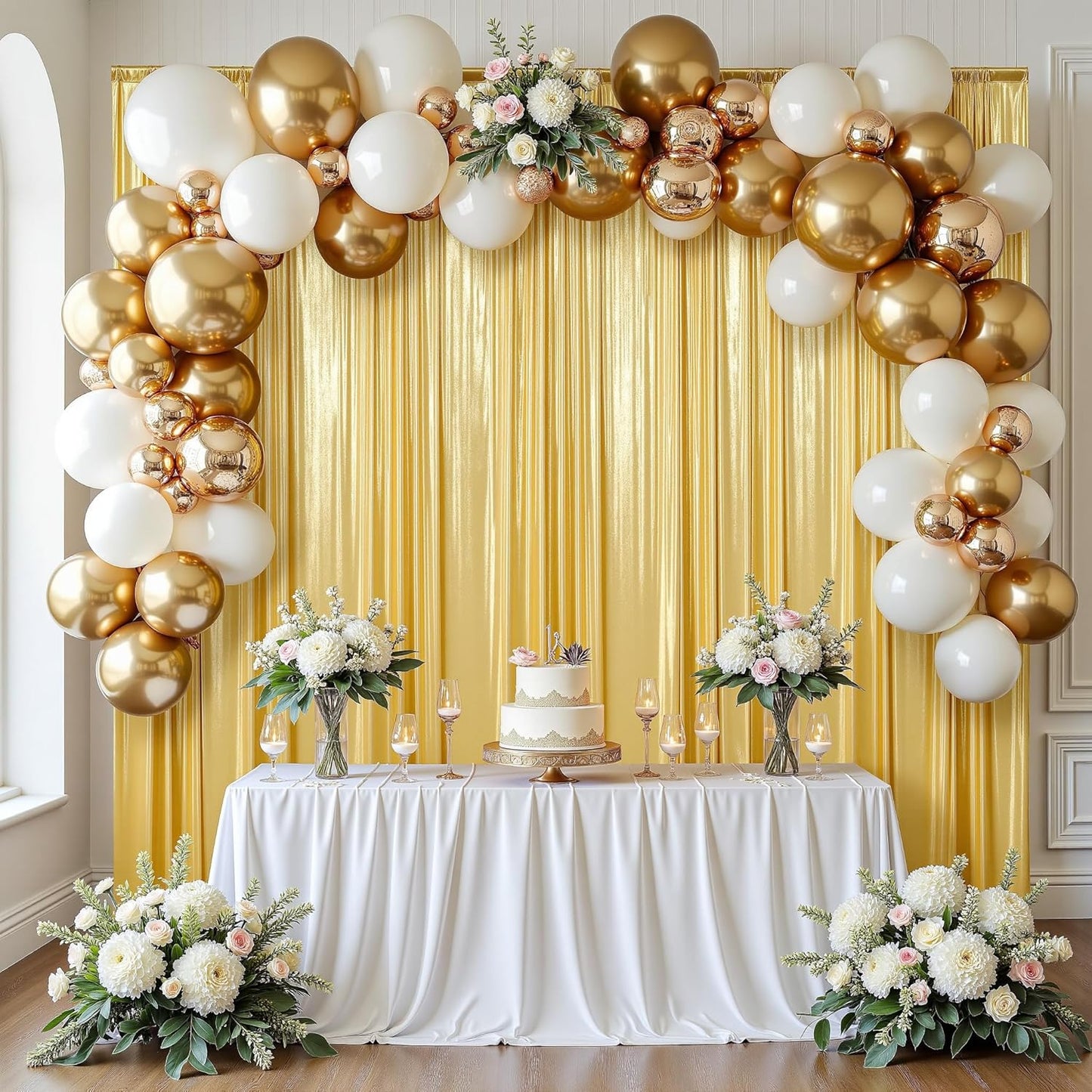 gogoparti 10x14FT Gold Sequin Backdrop Curtain - 2 Panels of 5x14FT Wrinkle-Free Reusable Glitter Drapes for Photography, Weddings, Birthdays & Parties