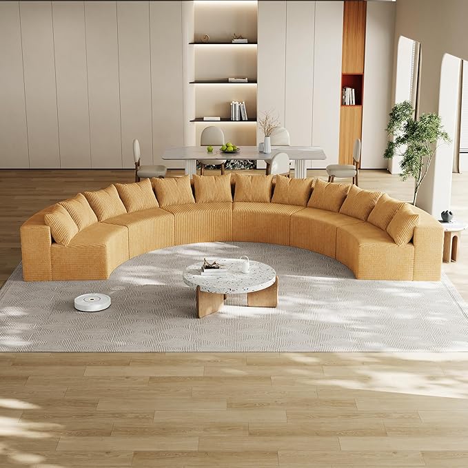 KEIKI Corduroy Curved Sectional Sofa, 6 Seater Symmetrical Modular Semi Circular Couch, Deep Seat Tufted Corner Sofa for Living Room, Lobby, Yellow