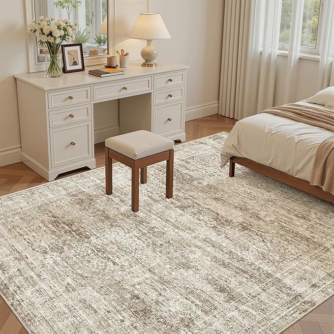 5x8 Area Rugs Brown Low Pile Indoor Washable Trendy Faded Style Rugs - Image 3