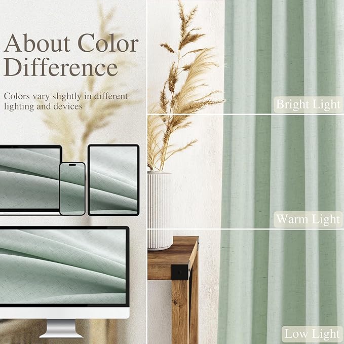 Nanspring Aqua Green Linen Curtains Semi Sheer 96 Inches Long 2 Panels Set - Image 3