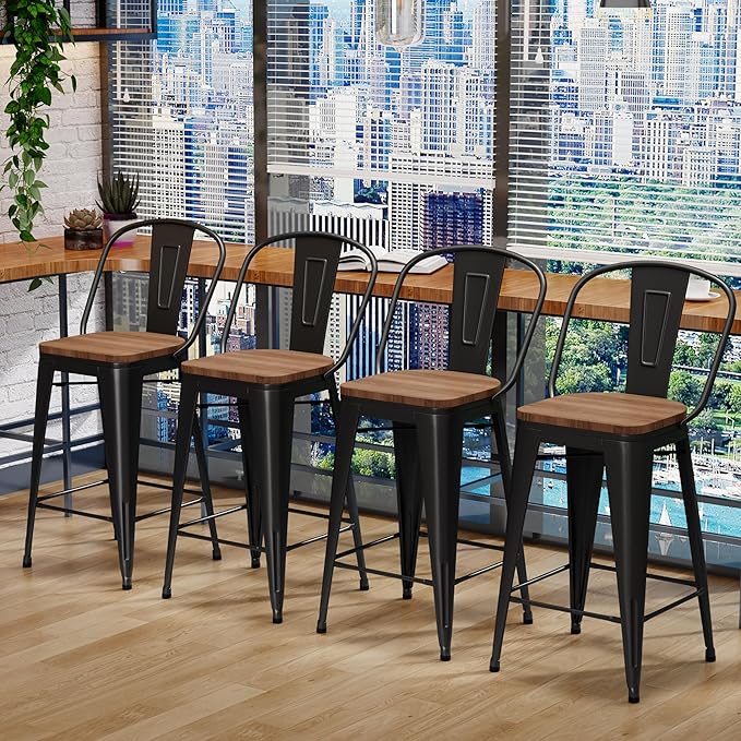 Changjie Furniture 24 Inches Metal Barstools Set of 4 Counter Height Bar Stools Industrial Stools with Backs High Back Chairs for Kitchen Island (24 Inch, Black)