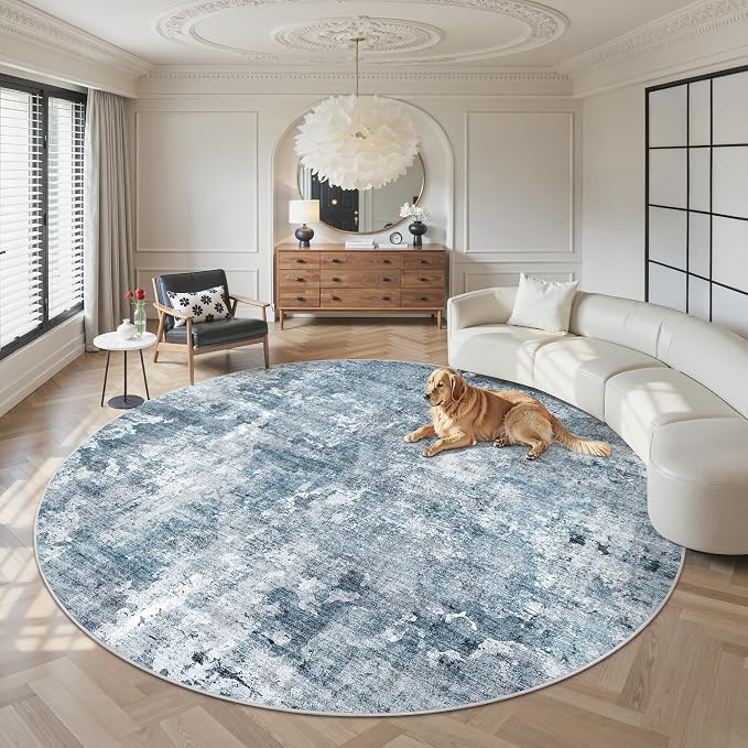 8x8 Blue/Grey Round Rug 8ft Living Room Circle Rug Vintage Round Area Rug Non by Soalmost
