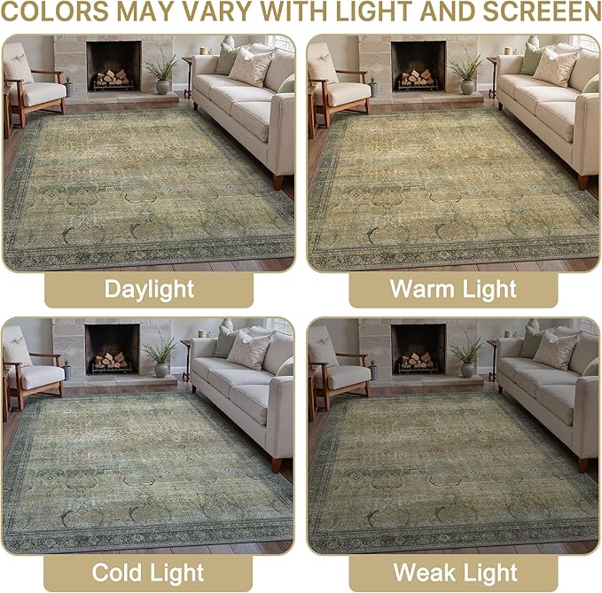 6X9 Area Rugs Machine Washable Rugs for Living Room, Vintage Boho Large Rugs for Bedroom Dining Room, Non Slip Indoor Soft Distressed Lightweight Thin Low Pile Carpet, Vintage Sunset