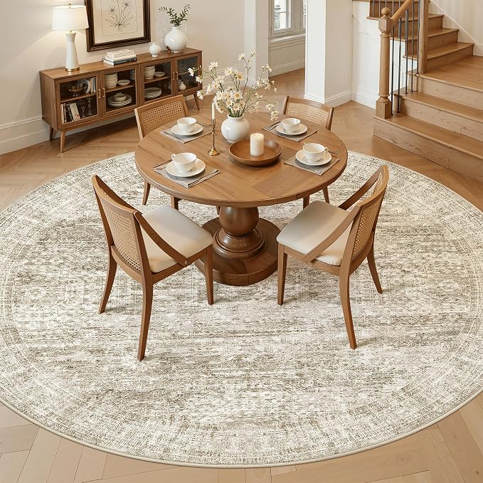 8x8 Brown Round Rug 8ft Living Room Circle Rug Vintage Round Area Rug Non Slip - Image 3