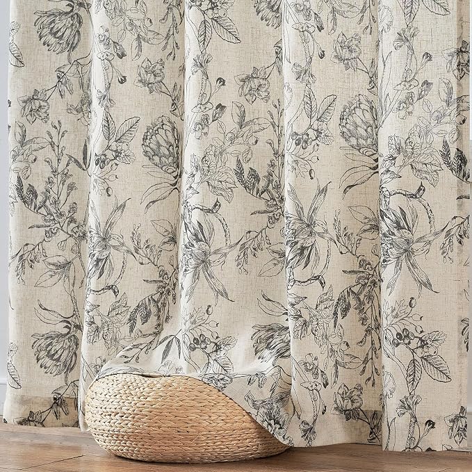 jinchan Floral Curtains 90 Inch Length Black Flower Linen Farmhouse Curtain - Image 7