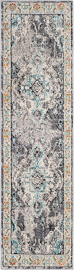SAFAVIEH Monaco Collection Runner Rug - 2'2" x 12', Grey & Light Blue, Boho Chic Medallion Distressed Design, Non-Shedding & Easy Care, Ideal for High Traffic Areas in Living Room, Bedroom (MNC243G)