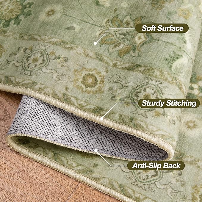 Tangsoo 2.6x8 Washable Runner Rug for Hallways, Floral Vintage Runner Non Slip, Soft Low Pile Long Rugs, Print Distressed Green Carpet Runners for Kitchen Bedroom Entryway Living Room