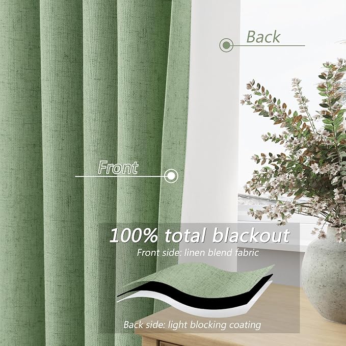 Guken Light Sage 100% Blackout Linen Curtains 90 Inch Length 2 Panels Set - Image 4