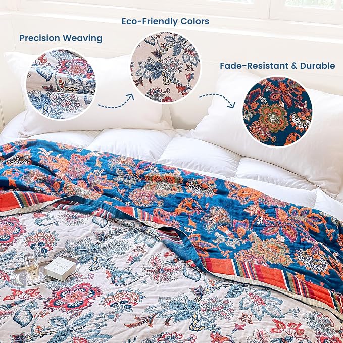 MSGKV Boho Throw Blanket 90"x90" 100% Cotton Floral Blanket - Image 3