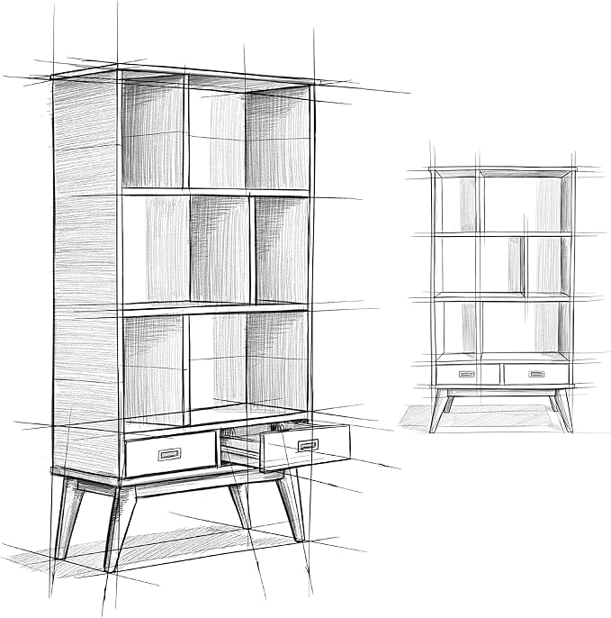 SIMPLIHOME Draper 35 inch Mid-Century Modern Bookcase and Storage Unit (Set of 2) in Medium Auburn Brown for The Living Room, Study Room and Office