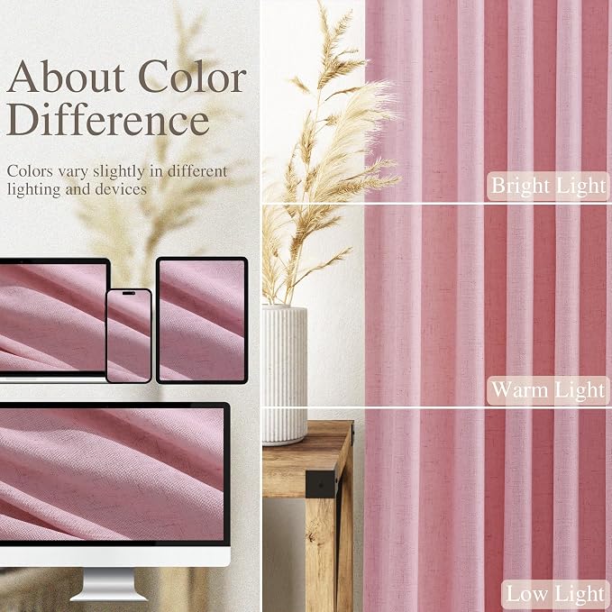Nanspring Rose Linen Curtains 102 Inches Long 2 Panel Set Back Tab Rod Pocket - Image 3
