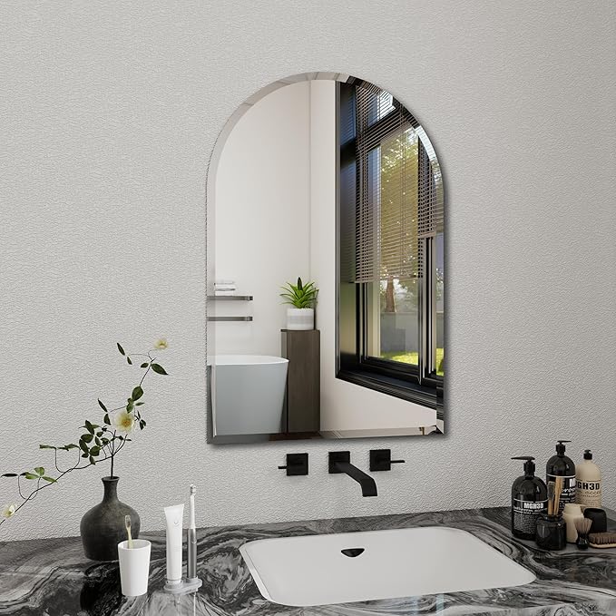Arched Bathroom Mirror, 20X30 inch Arched Frameless Mirror, Arch Wall Mirror，Frameless Mirrors for Bathroom,Beveled Bathroom Mirror.