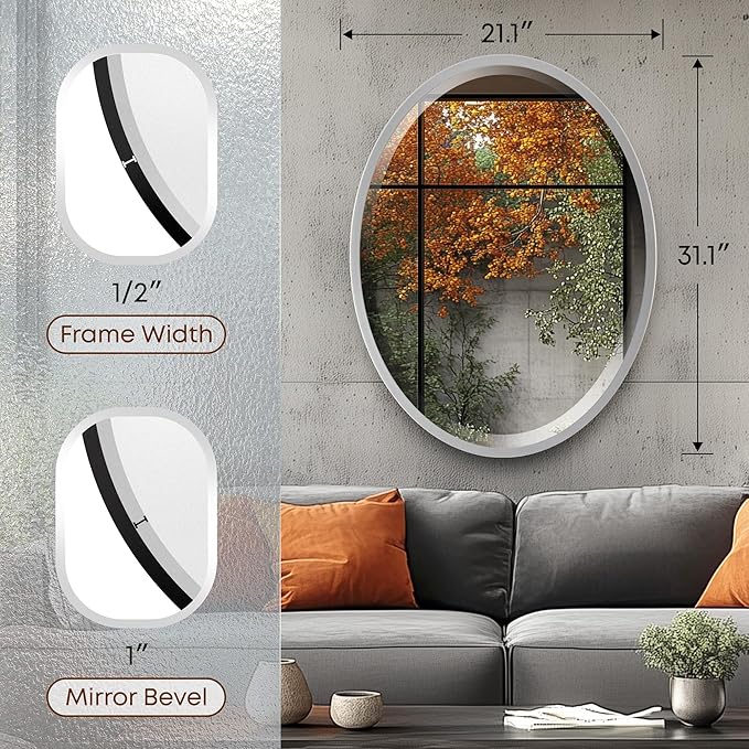 OVALCREST - Oval Wooden Beveled Wall Mirror for Home Decor, Bathroom, Vanity, Bedroom, Living Room, Hallway - London Style (Silver Spray) 21.1 x 31.1