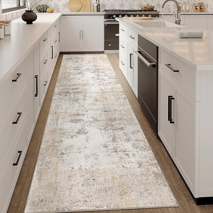 2x12 Washable Runner Rug Beige Grey Neutral Abstract Hallway Kitchen Living Room Bedroom Non Slip Throw Rug Soft Low Pile Indoor Carpet for Entrance Laundry Bathroom