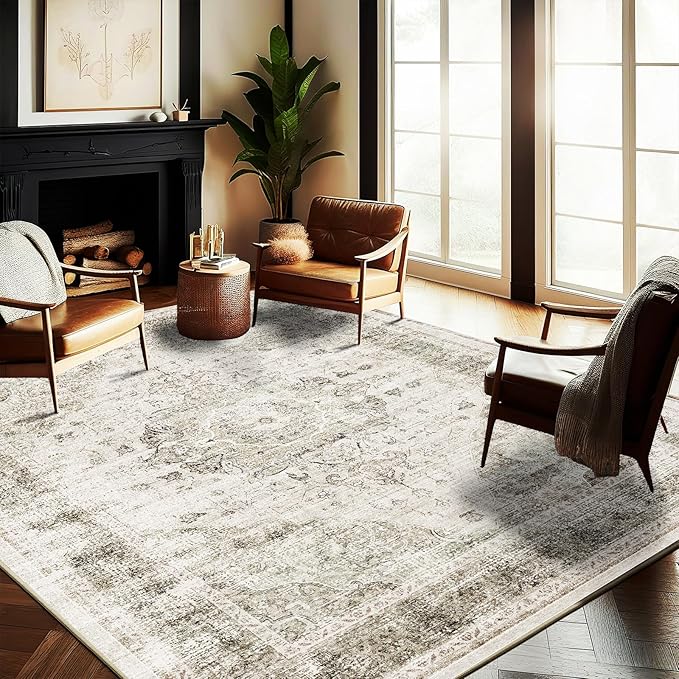 Washable Area Rug 9'x12' Retro Floral Khaki Boho Design Non-Shedding Easy Care Ideal for High Traffic Areas in Living Room Bedroom Office Coffee Table Kitchen Large Carpet