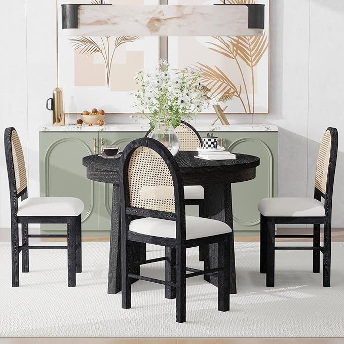 Ball & Cast Retro 5 Pieces Dining Table Set with 4 Upholstered Chairs,Kitchen Table and Chairs for 4 W/ 58" Round Extendable Kitchen Desk,for Small Space,Apartment,Dining Room,Espresso