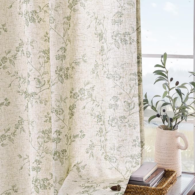 Lazzzy Green Floral Linen Curtains 96 Inch Farmhouse Back Tab Drapes - Image 8