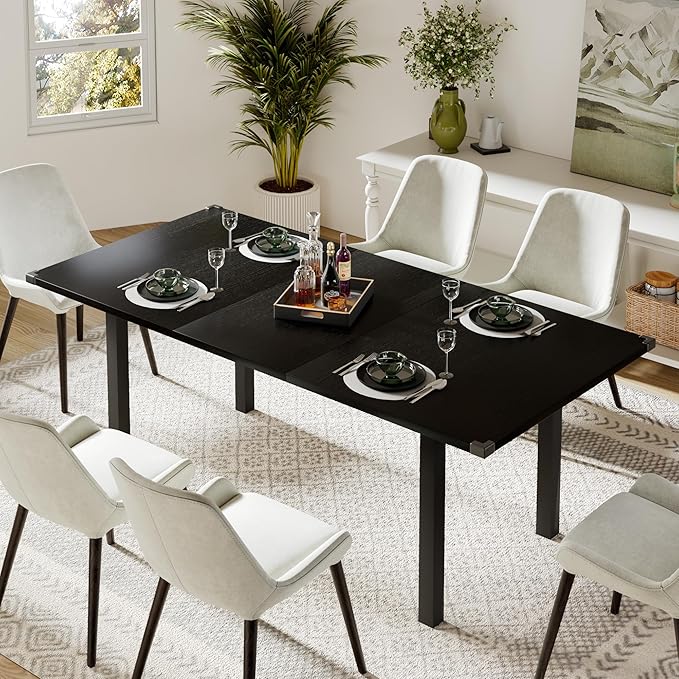 Feonase 63 Inch Extendable Kitchen Table, Modern Farmhouse Dining Table for 4-8, Wooden Dining Room Table for Small Space, Dining Room, Home Office, Living Room Furniture,Black