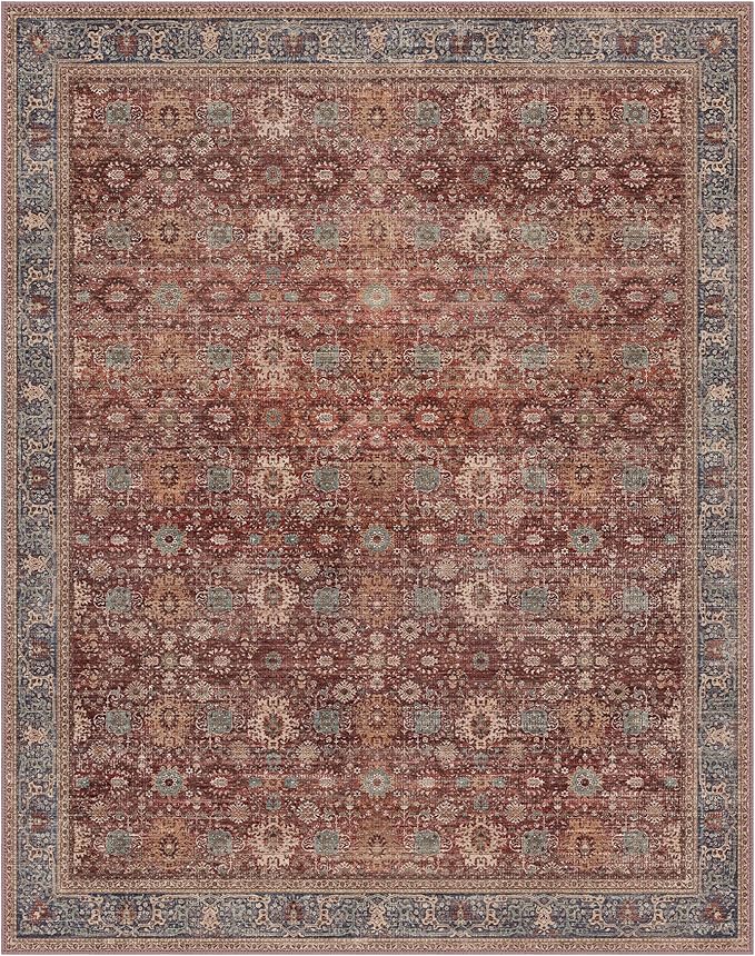 8X10 Area Rugs Machine Washable Rugs for Living Room, Vintage Boho Large Rugs for Bedroom Dining Room, Non Slip Indoor Soft Distressed Lightweight Thin Low Pile Carpet, Red Brown