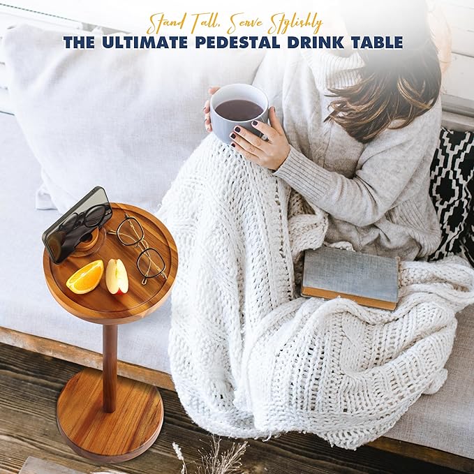 Pedestal Side Table, Acacia Drink Table with Weighted Base, Small Round Side Table for Small Spaces with 360 Rotating Phone Holder, Martini & Cocktail Pedestal End Table for Living Room, Home Office