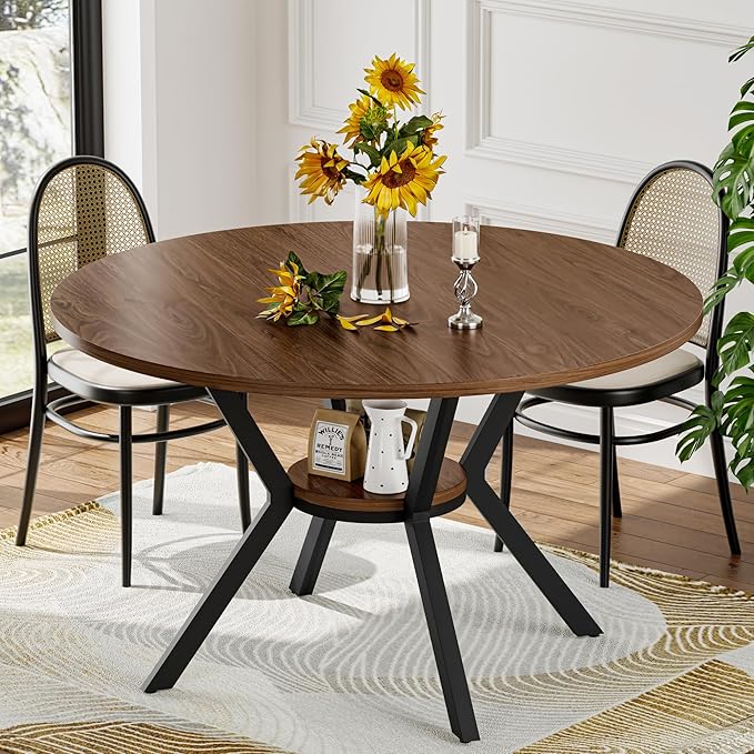 42" Round Dining Table for 4, Farmhouse Kitchen Table with Storage, Space Saving Circle Dinner Table, Rustic Wood Kitchen & Dining Room Tables with Metal Legs for Kitchen, Living Room, Dining Room