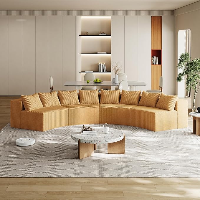 KEIKI Corduroy Curved Sectional Sofa, 4 Seater Symmetrical Modular Semi Circular Couch, Deep Seat Tufted Corner Sofa for Living Room, Lobby, Yellow