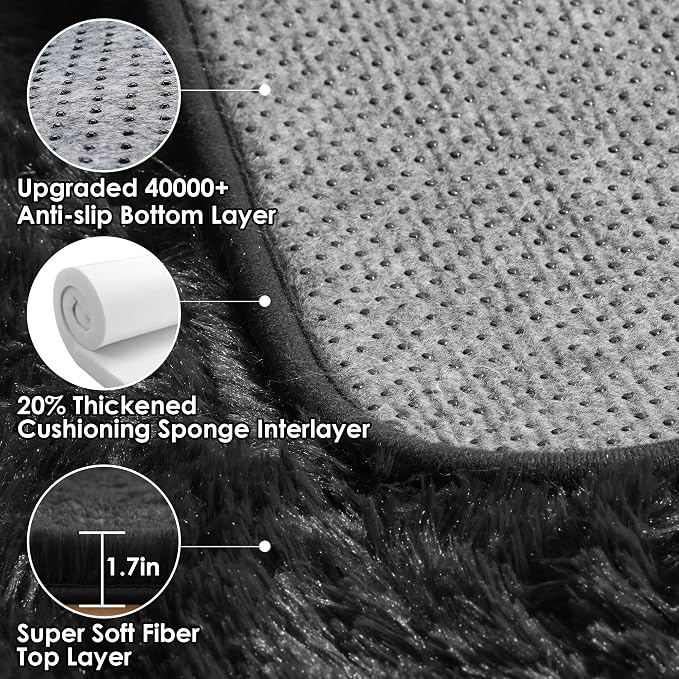 ONASAR Black Rugs for Bedroom, 3x5 Fluffy Bedside Small Area Rug, Soft Plush - Image 3
