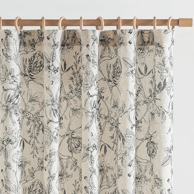jinchan Floral Curtains 96 Inches Long Black Flower Linen Farmhouse Curtain by JINCHAN