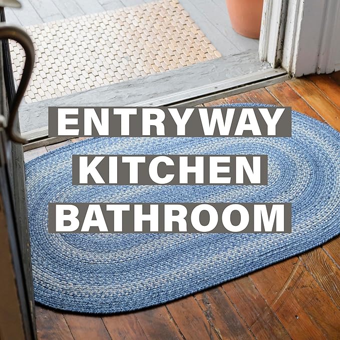 Denim Blue Small Braided Rugs, 2x3' Rectangle - Handmade with Jute, Coastal Country Decor, Perfect for Laundry Rooms, Bathrooms and Entryways - Durable and Easy to Clean