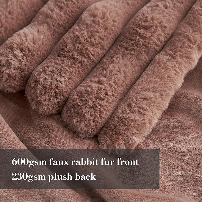 Amélie Home Faux Fur Throw Blanket for Couch, Cozy Fuzzy Fluffy Fur Luxurious Soft Striped Plush Gift Blankets for Family Sofa Chair Bed Living Room Bedroom, 55"x70", Light Coffee