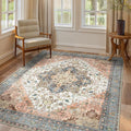 GENIMO 9x12 Area Rugs for Living Room, Non Slip Machine Washable Vintage Rugs, Low Pile Lightweight Chenille Print Large Rug for Bedroom, Dining Room, Home Office, Blue Brick Red