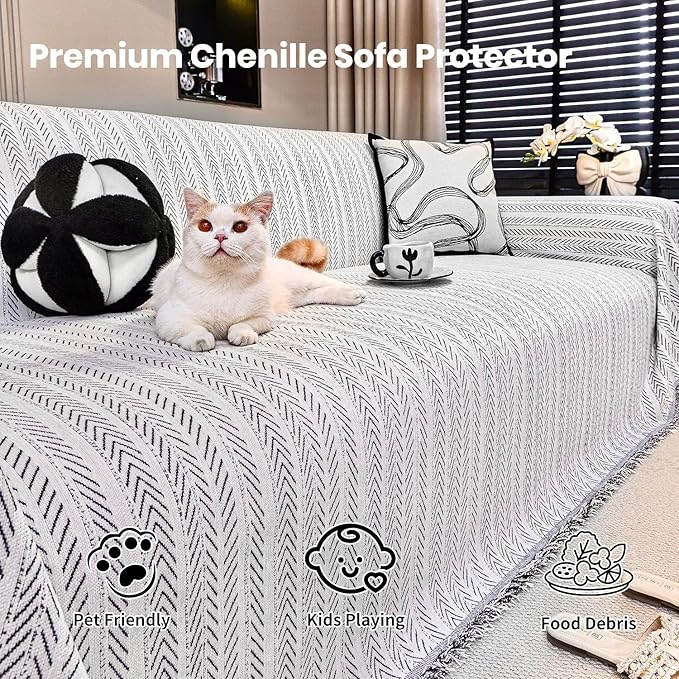 Nobildonna Sofa Cover Washable Soft Thicken Chenille Couch Cover with Tassel,Waterproof Sofa Slipcovers for 2 Cushion Couch,Loveseat,Futon Couch Furniture Protector Pet-Friendly,Beige 71"x102"