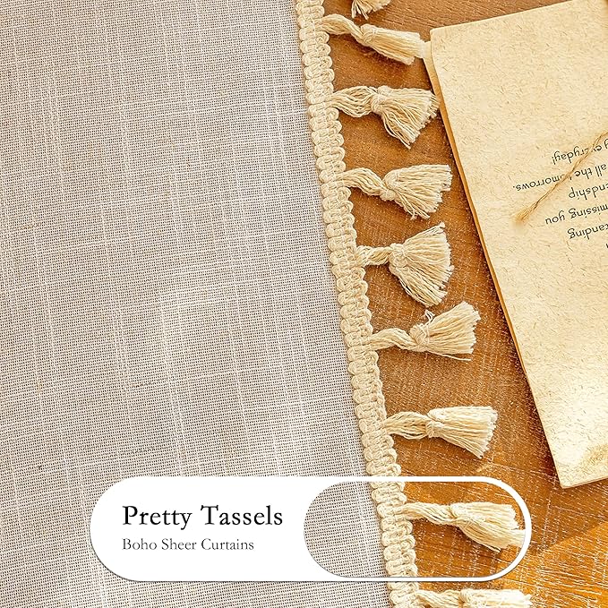MYSKY HOME 90 Inch Boho Cream Semi Sheer Curtains Light Filtering Back Tab - Image 4