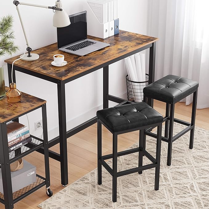 VASAGLE Bar Stools, Set of 2 PU Upholstered Breakfast Stool, 15.7 x 11.8 x 24.4 Inches, Backless, Simple Assembly, Industrial, Dining Room Kitchen Counter Bar, Black Seat and Black Frame ULBC068B81